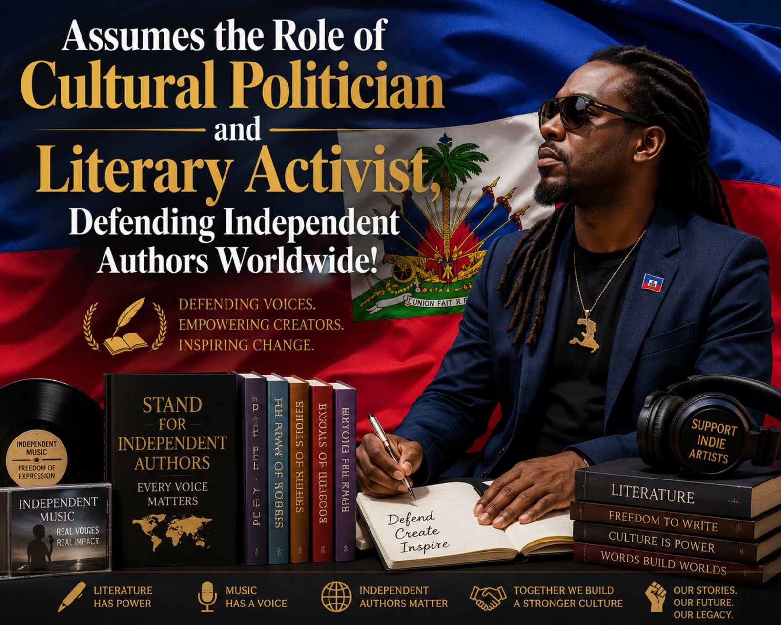 Assumes the Role of Cultural Politician and Literary Activist, Defending Independent Authors Worldwide